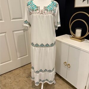 Embroidered Boho White and Teal Dress size medium